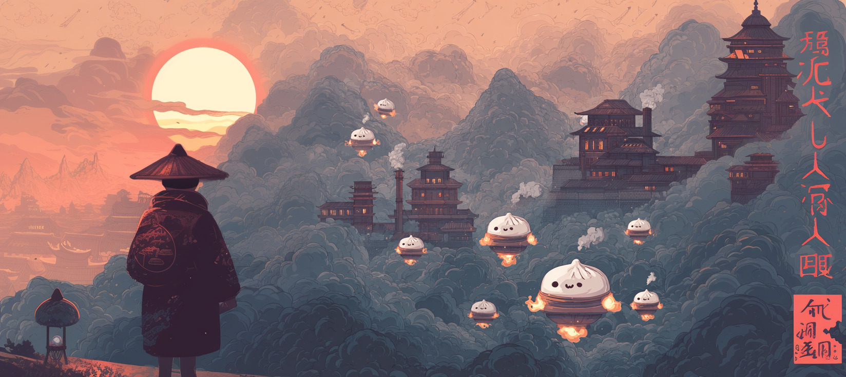 Flying baozi dumplings over a misty mountain cityscape at sunset